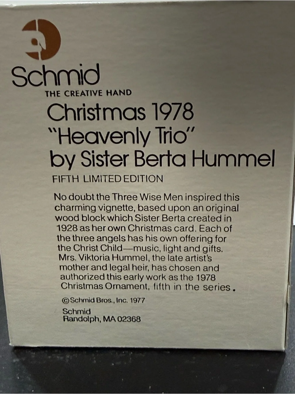 Vintage Schmid Glass Ball Christmas Ornament Heavenly Trio 1978 And Original Box
